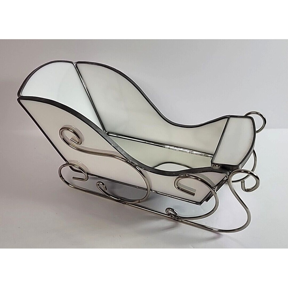 Leaded White Stained Glass Sleigh Candle Holder Candy Dish Christmas Decor 10"L